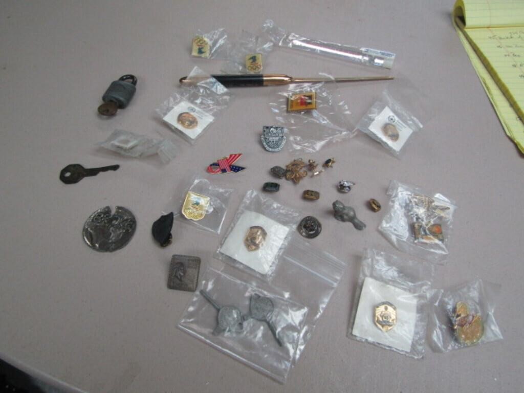 25+ SMALL POSTAL PINS, SMALL LOCK& KEY, MORE