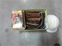 assortment of safety helmet, tool belt, back