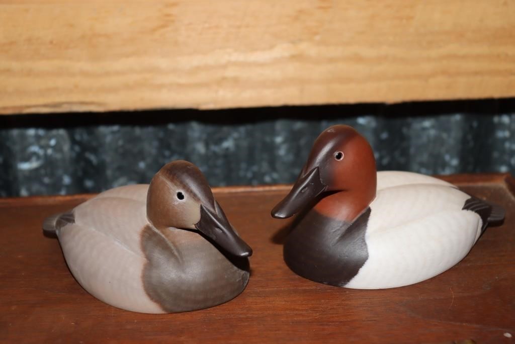 Pair of miniature canvasback decoys branded GPT