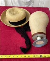 Straw Hat w vintage hat form mold