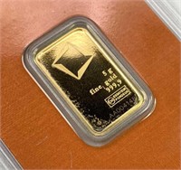 5g Gold Bar, Valcambi Suisse .9999 Fine Carded