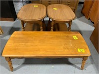 PAIR OF END TABLES, WOODEN COFFEE TABLE