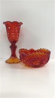 Amberina glass bowl and 10" vase/ goblet. Bowl is