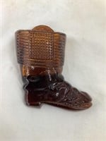 Vintage Amber Glass Boot Hanging Match Holder,