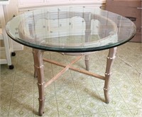 Round Wooden Dining Table w/Beveled Glass Top