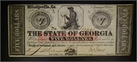 1862 $5.00 STATE OF GEORGIA NOTE MILLEDGEVILLE  CU