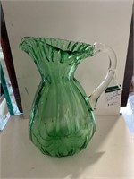 Hand blown green glass pitcher