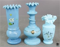 Painted Opaque Blue Glass Vases / 3 pc