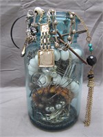 Vintage Mason Glass Jar Filled W/Costume Jewelry