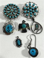 Sterling Silver Turquoise Pins, Pendants, Clips,