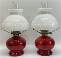 Pair Red Oil Lamps w/ Hobnail Milk Glass Shades