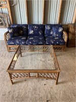 Rattan Couch with Cushions and Rattan Coffee Table