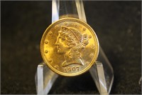 1907 U.S. $5 Pre-33 Gold Liberty Coin