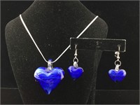 Sterling necklace and earrings with glass hearts