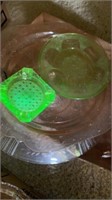 UV green glass and pink depression glass servers