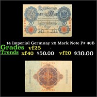 14 Imperial Germnay 20 Mark Note P# 46B Grades vf+