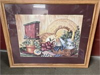 Frame print of birdhouse basket of apples