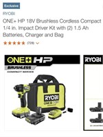 Ryobi 18V Brushless 1/4" Impact Driver Kit