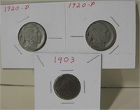 2 - 1920 Buffalo Nickels & 1903 Indian Head Penny