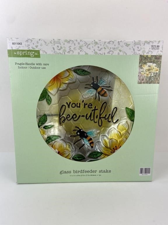 NIB "You're Bee-utiful" Glass Bird Feeder Stake