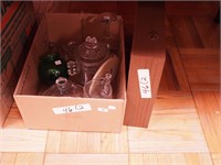 Box of glassware: pattern glass, plus a wooden