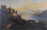Unclearly Signed Antique 12x18 O/B Lakeside Castle