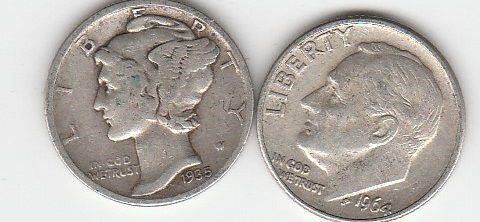 2 90% Silver Dimes,  US coins