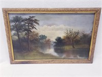 ANTIQUE OIL PAINTING ON CANVAS - "BOAT ON RIVER"