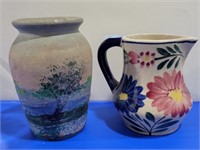 HAND PAINTED POTTERY VASE AND POTTERY CREAM