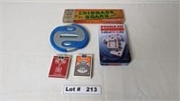 VINTAGE CRIBBAGE BOARD, DOMINOES, CARDS, AND CATCH