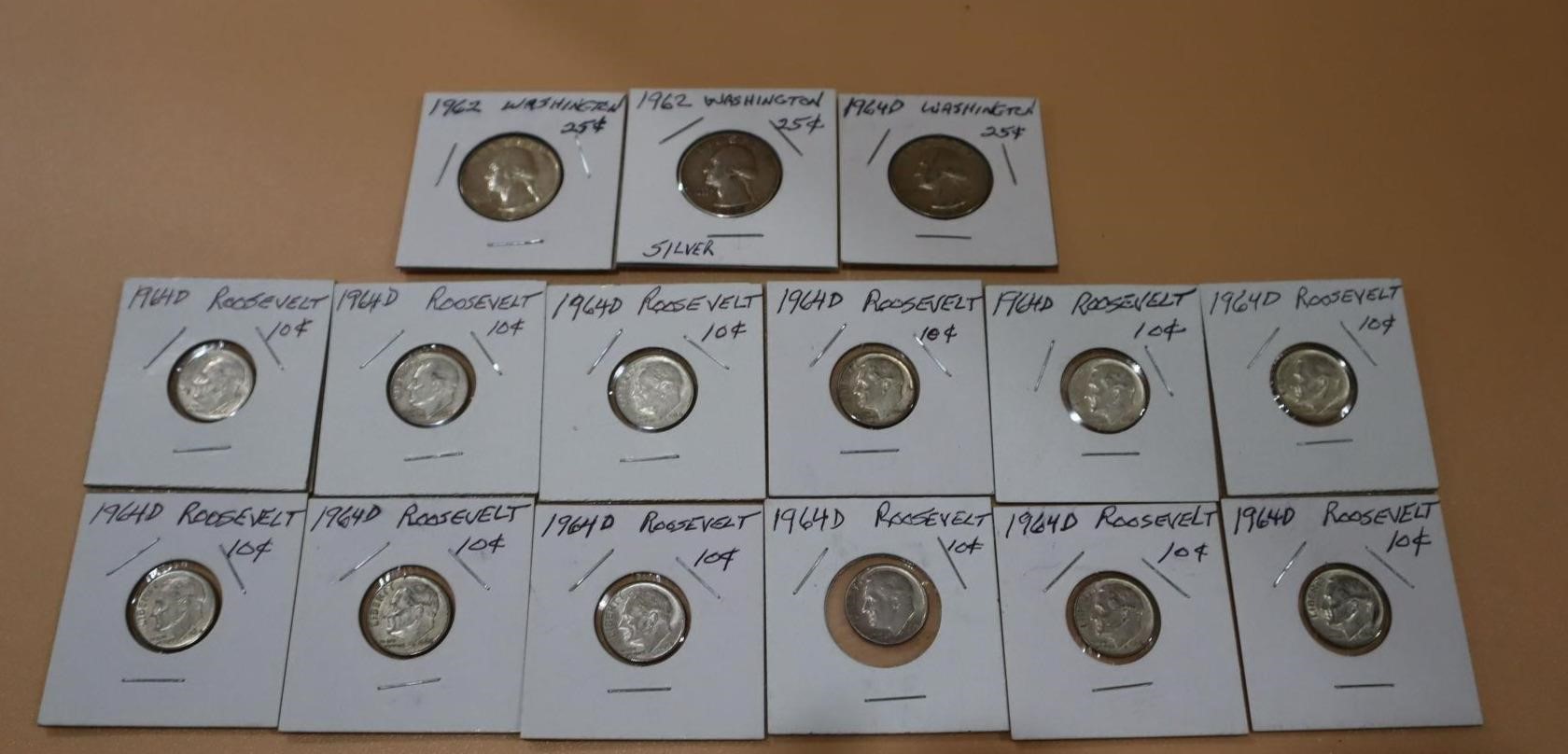Roosevelt Dime & Quarters 90% Sterling Silver 1964