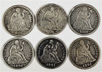 6 Seated Liberty Silver Dimes Incl S & CC Mints