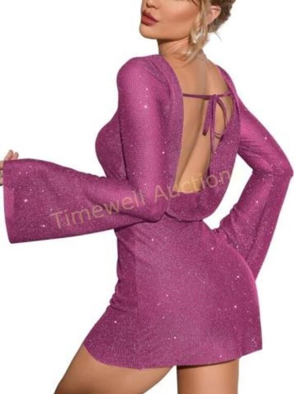 EYNMIN Sequin Backless Dress  Med Hot Pink