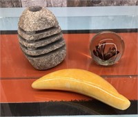 Alabaster banana, granite tea light & glass decor