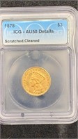 Gold: 1878 ICG AU50 Details $3 Indian Princess