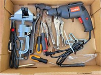 Bench Clamp Vise, Power Drill & Assorted Hand Tool