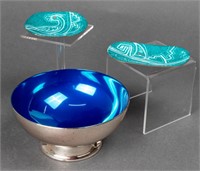 Blue Enameled Metal Bowl & Small Dishes, 3