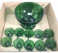 (11pc) Vtg Anchor Hocking Forest Green Punch Bowl