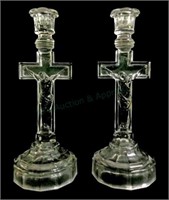 (2) Pressed Glass Crucifix Candlestick Holders