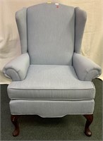 Wing back ladies side chair in blue upholstery