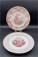 2 Antique Red Transferware Plates