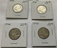 4 Canadian .25c Coins-Years 1940,1941,1942,1943