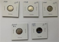 5 Canadian .10 Cent Coins-read description