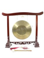 Wood & Brass Gong with Mallet in a Mahogany Finish