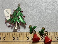 Vintage Christmas tree brooch and holly & bell