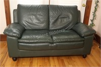 Green Leather Love Seat w Rolled  Arms