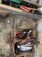 Small pipe wrench, wrenches, hammers, lots of