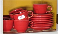 Eight Scarlet Fiesta Tea Cups And Saucers