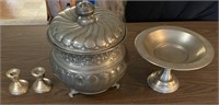 Decorative Caldron, 2 Sterling Candlesticks,