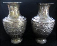 Pair Large Metal Decorative Vases Brass & Silver